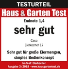 Testurteil Haus & Garten Test, Endnote 1,4, sehr gut, Eierkocher E7, Ausgabe 3/2018