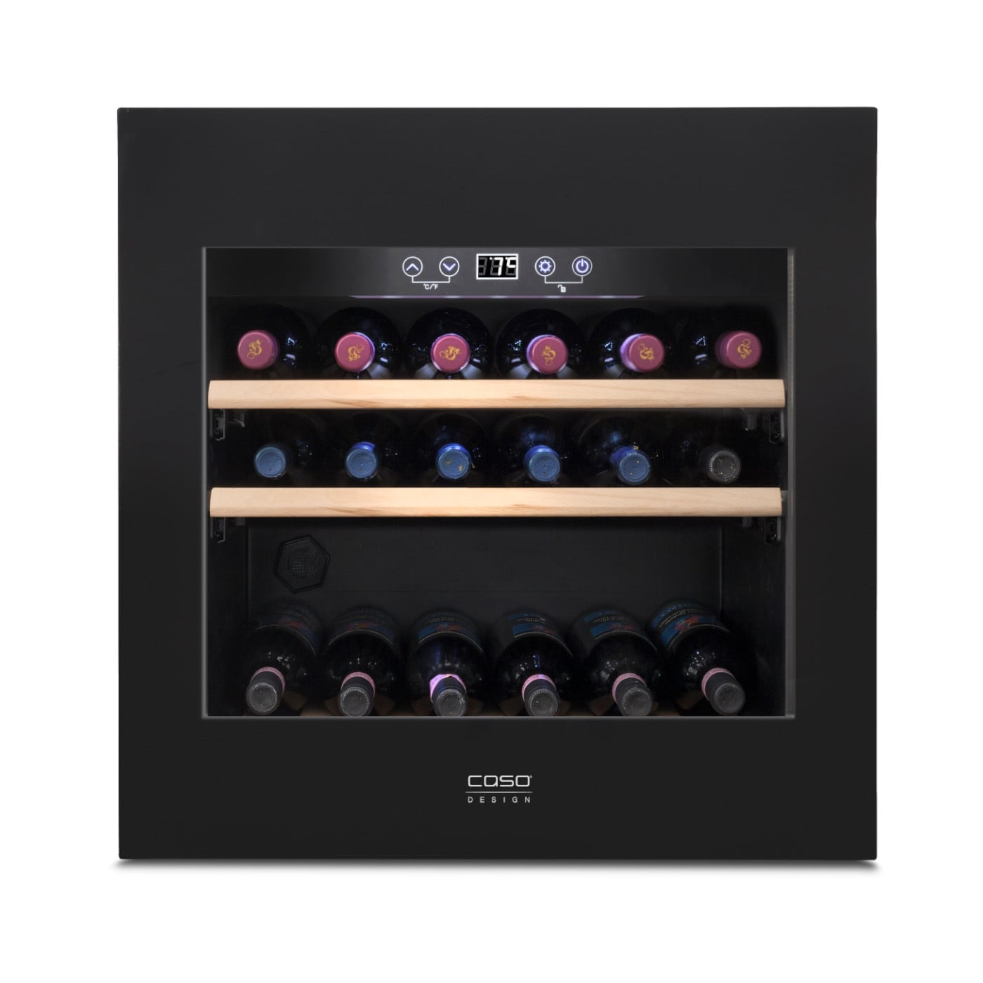 Cave à vin avec bouteilles, affichage de la température et étagères en bois, noir