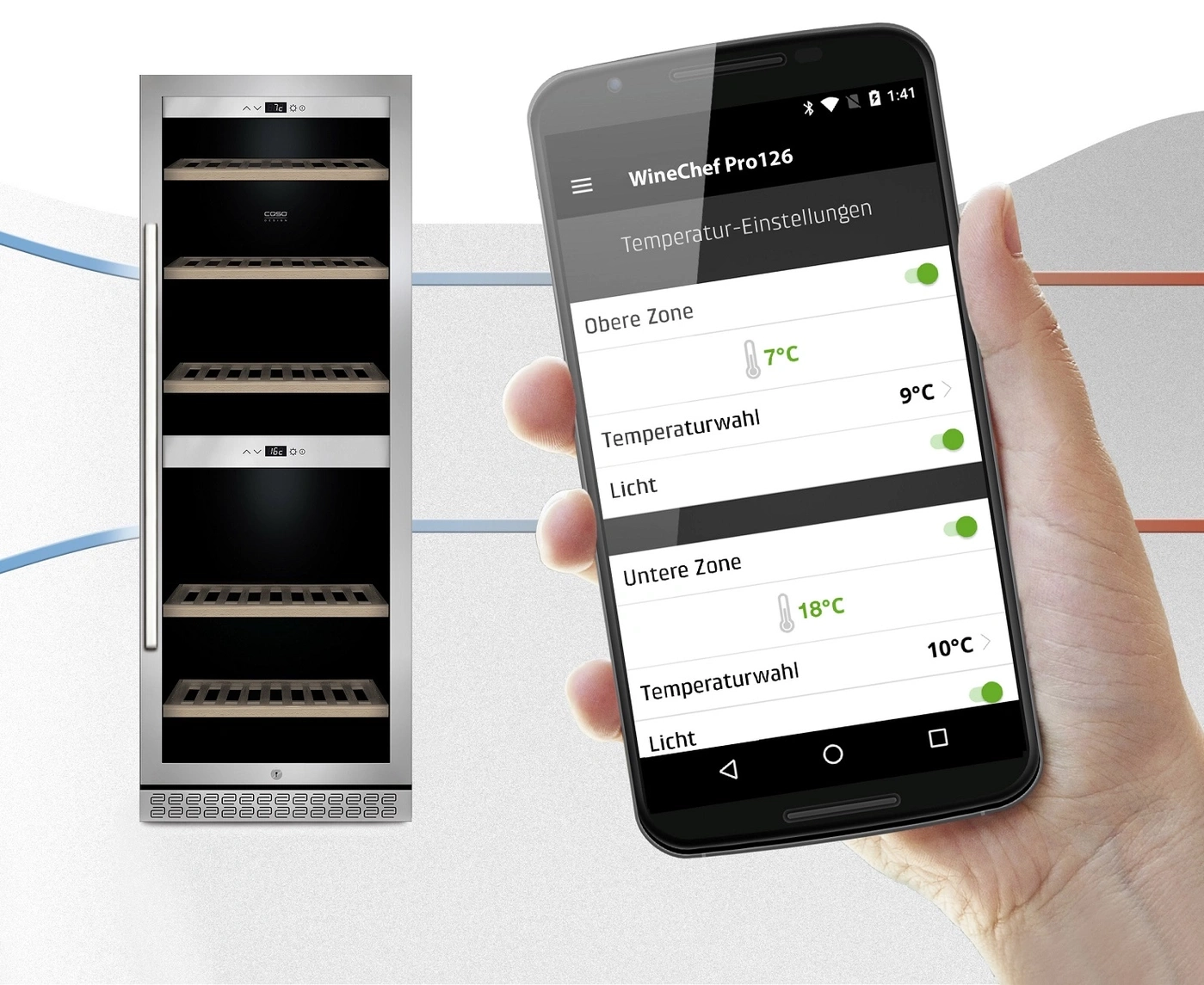 Ein Smartphone zeigt eine Weinkühlschrank-App mit Temperatureinstellungen für obere und untere Zonen.