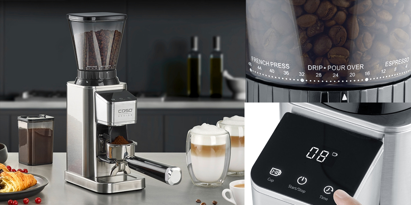 Coffee grinder with beans, grind size setting, and digital display for time and cup size.