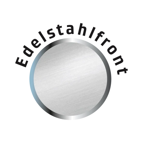Edelstahlfront, kreisförmig, silberfarben, mit schwarzem Hintergrund und Schriftzug
