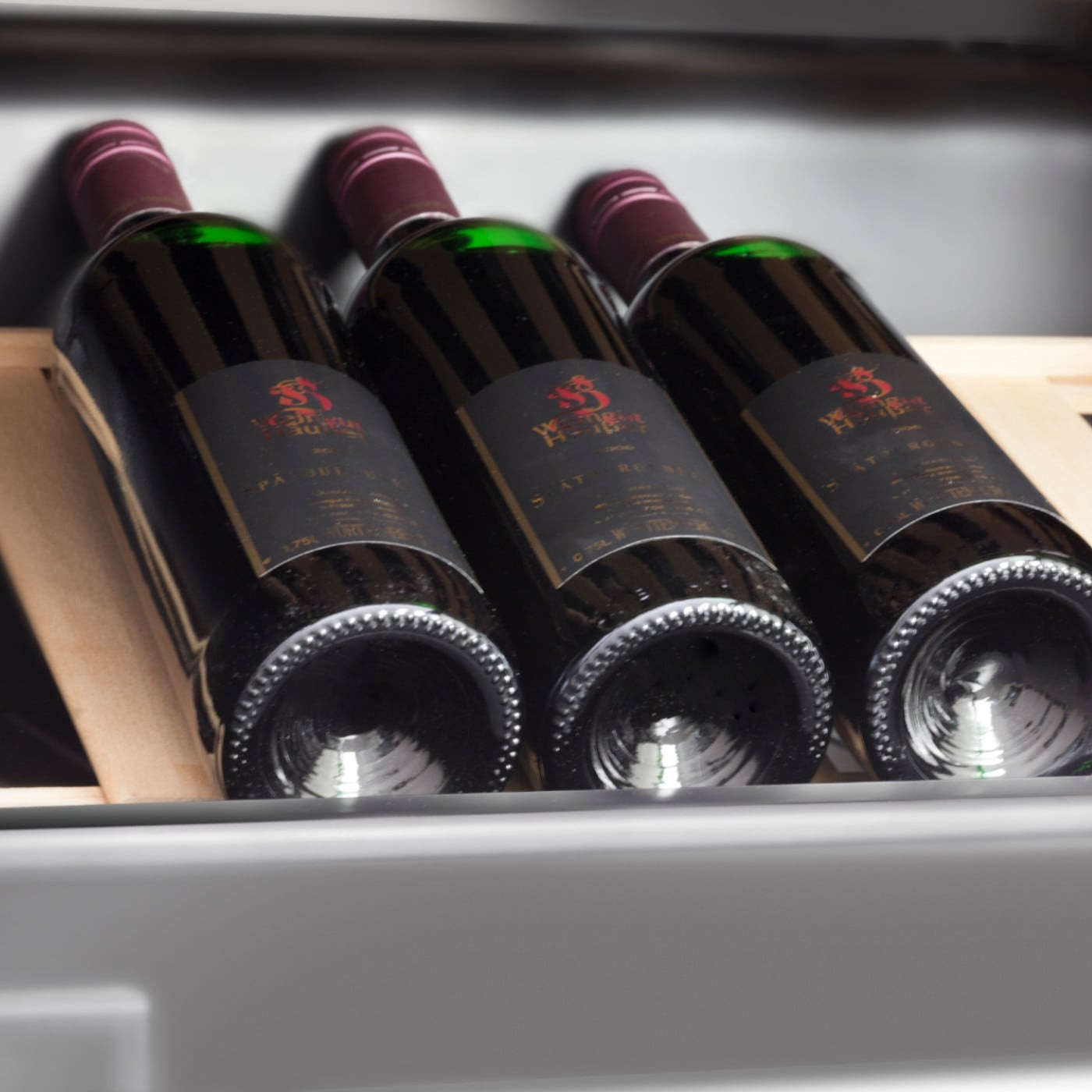 Trois bouteilles de vin dans un refroidisseur, prêtes à être dégustées.