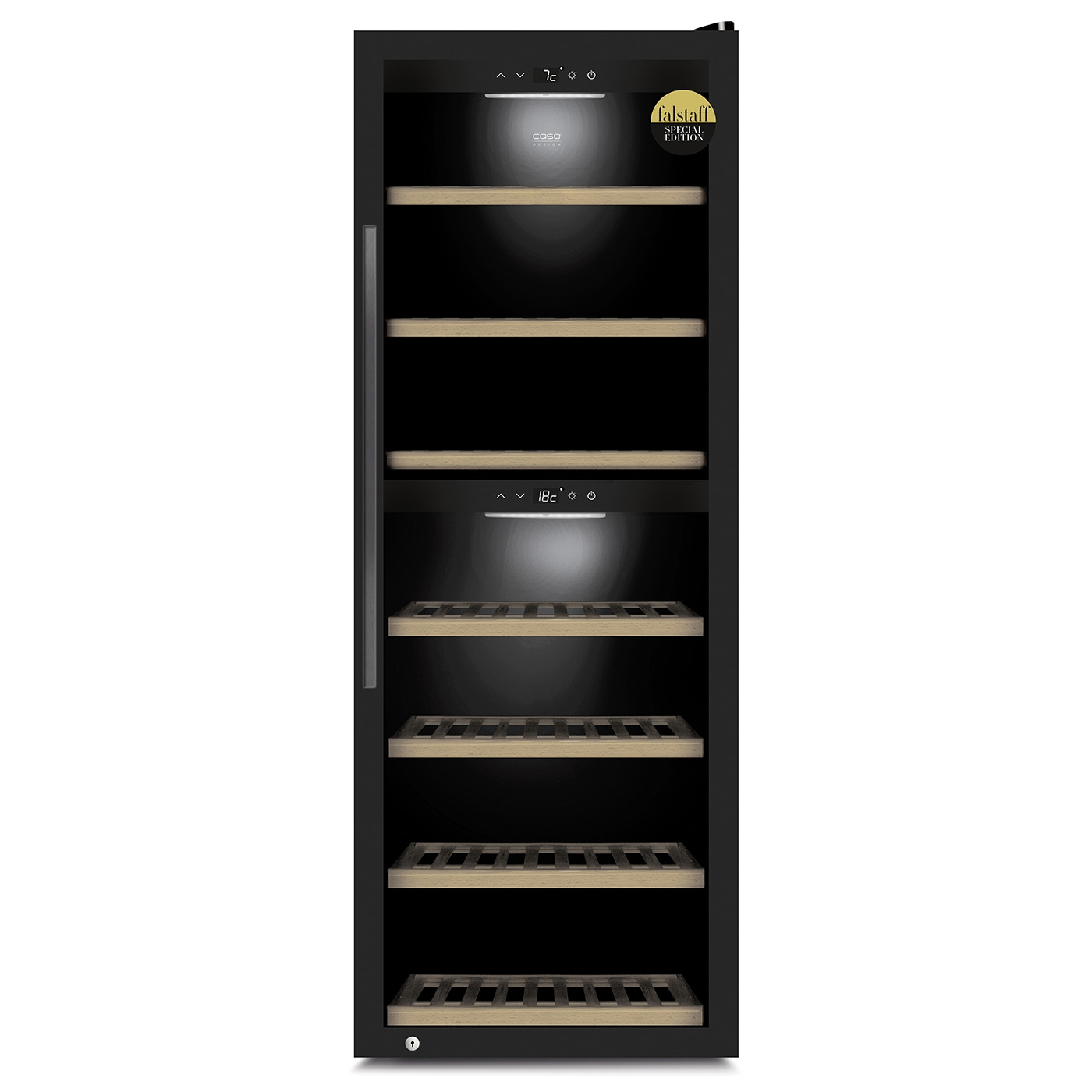 Black wine cooler with wooden shelves and temperature display, Falstaff Special Edition.