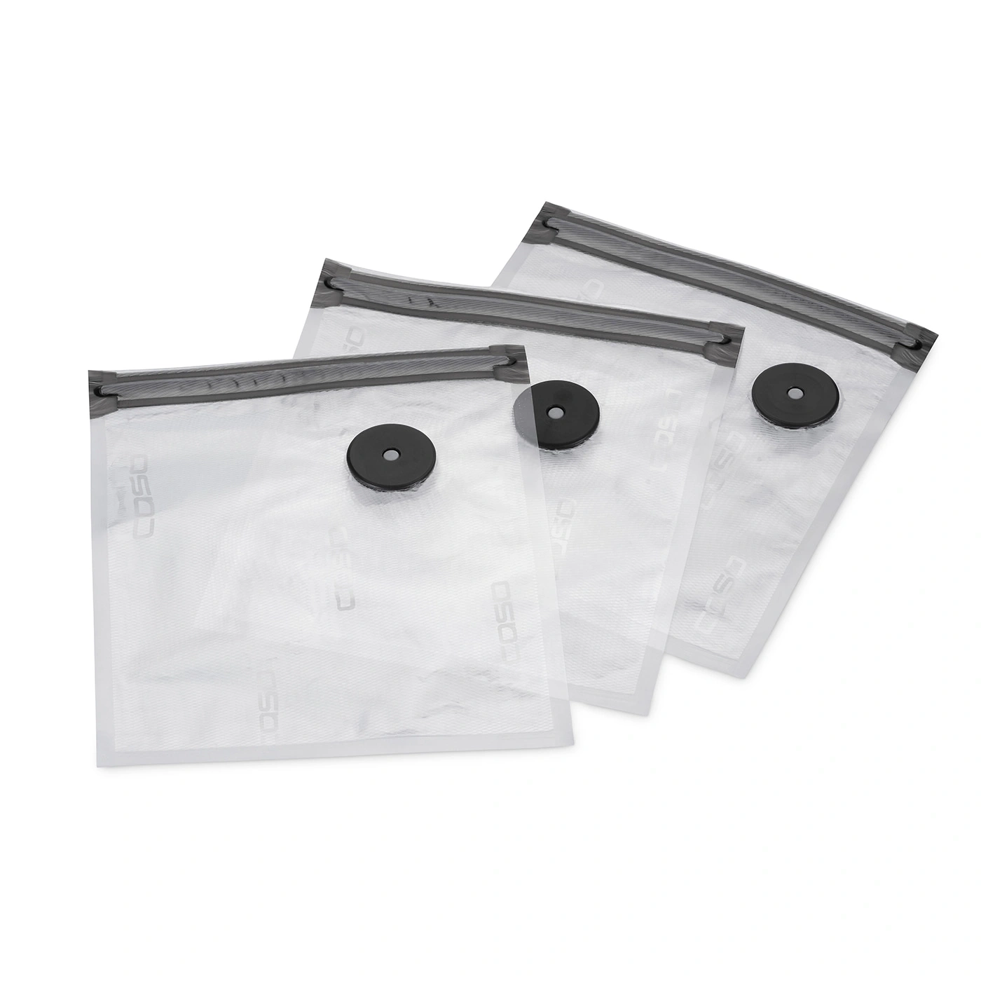Trois sacs sous vide transparents avec fermetures noires et logo sur fond blanc