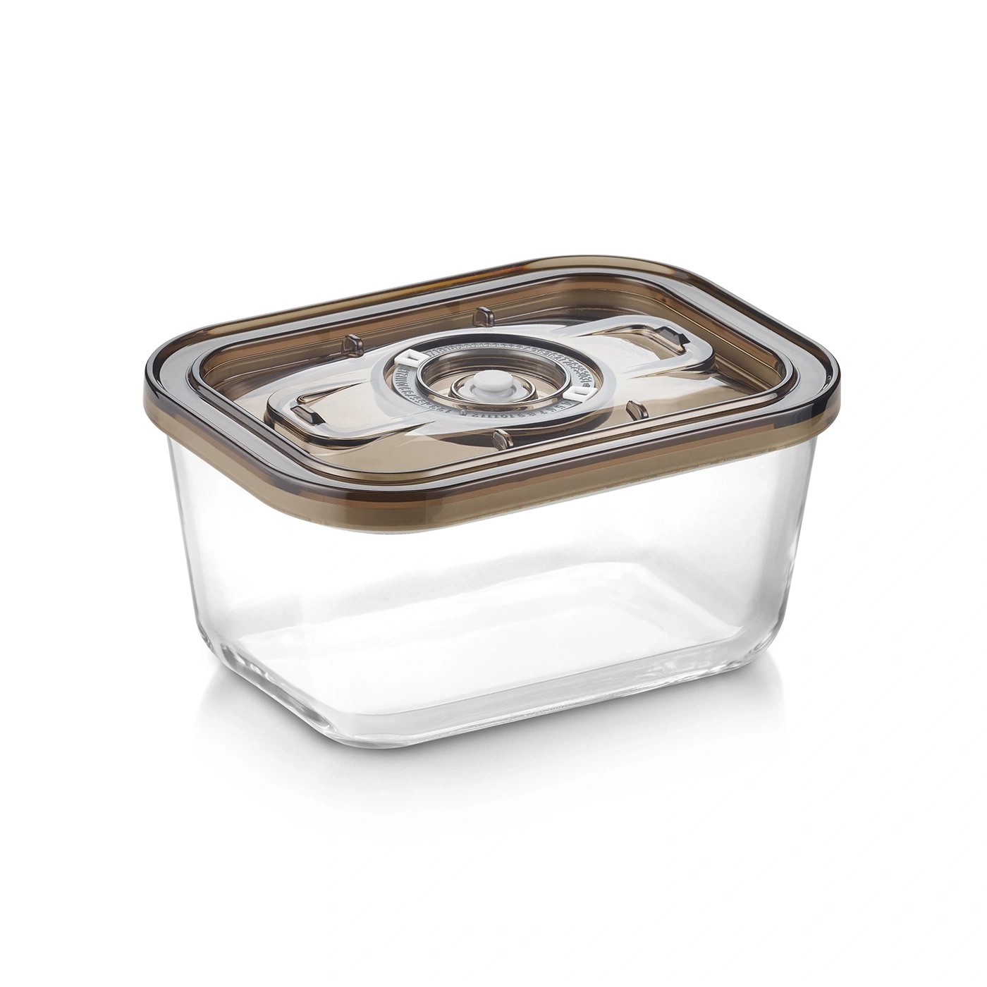 Transparente rechteckige Aufbewahrungsbox mit braunem Deckel und Verschlussmechanismus