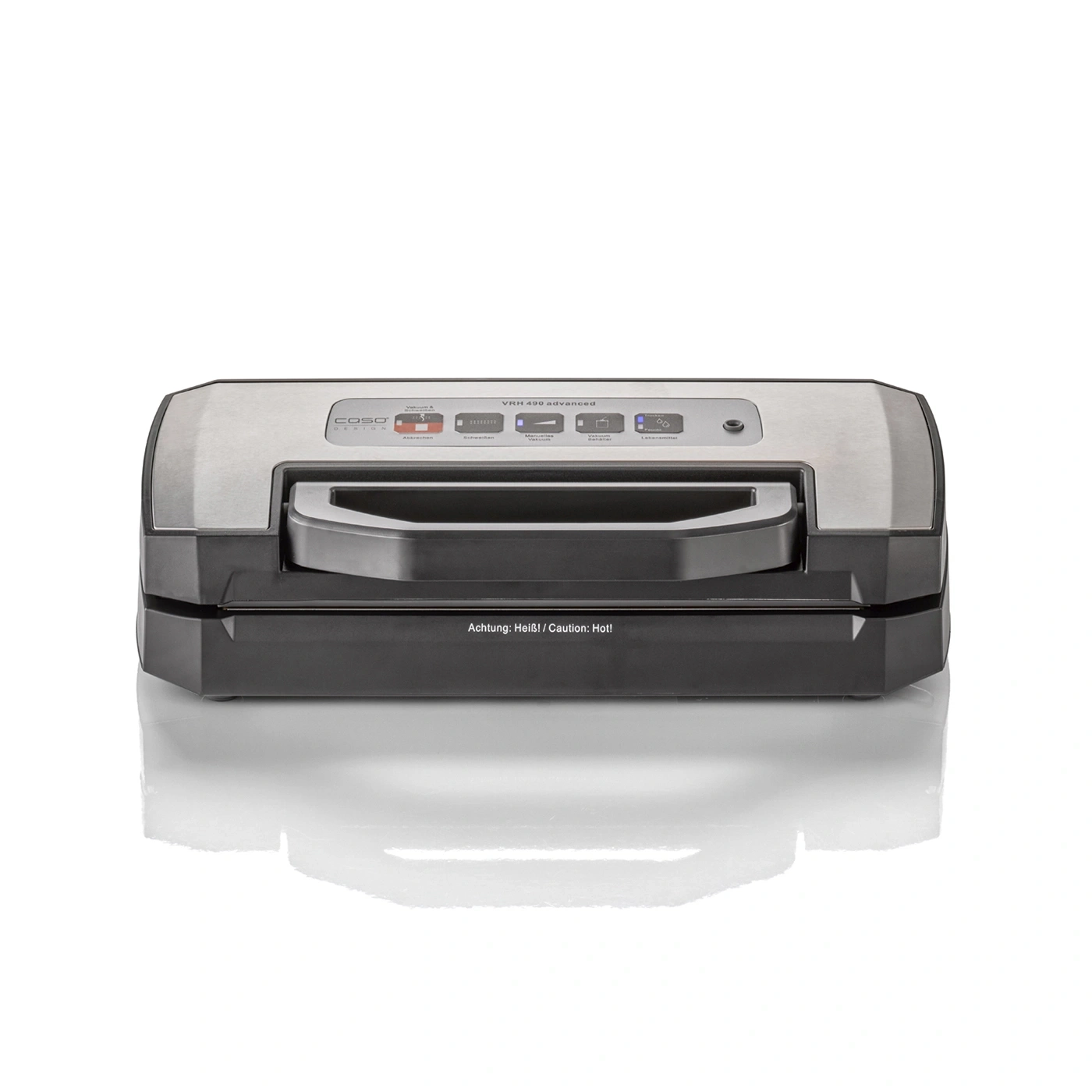 Vacuum sealer, gray and black, with control panel and warning