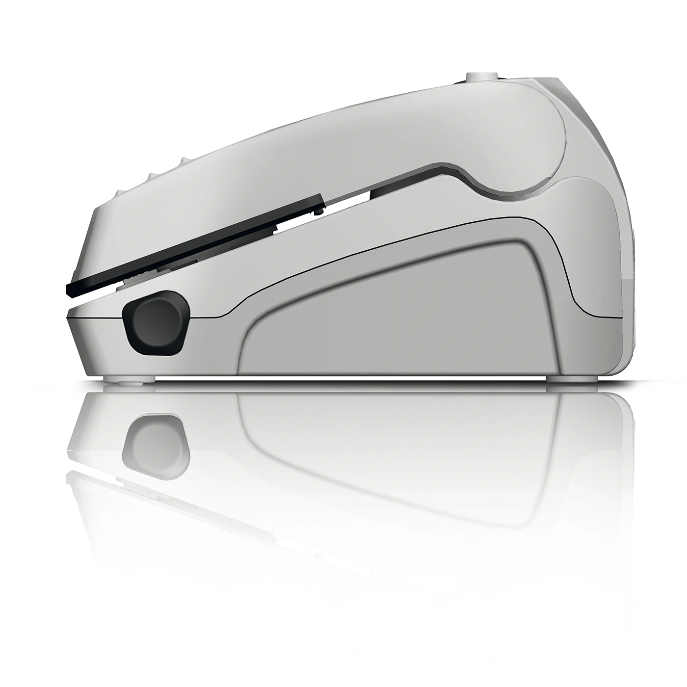 Ein weißer Scanner mit schwarzem Griff und Reflexion.