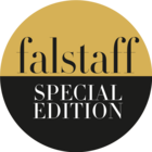 Falstaff Special Edition Logo, goldener Kreis, schwarzer Hintergrund, Schriftzug