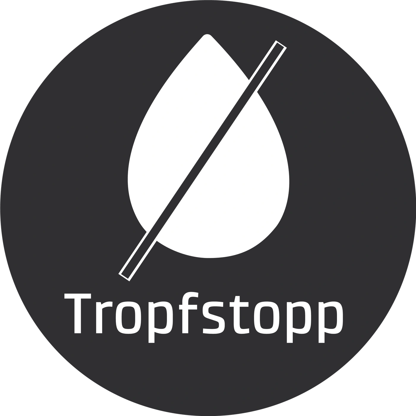 Drop stop symbol, showing a drop with a diagonal line to prevent leakage, in a circle.
