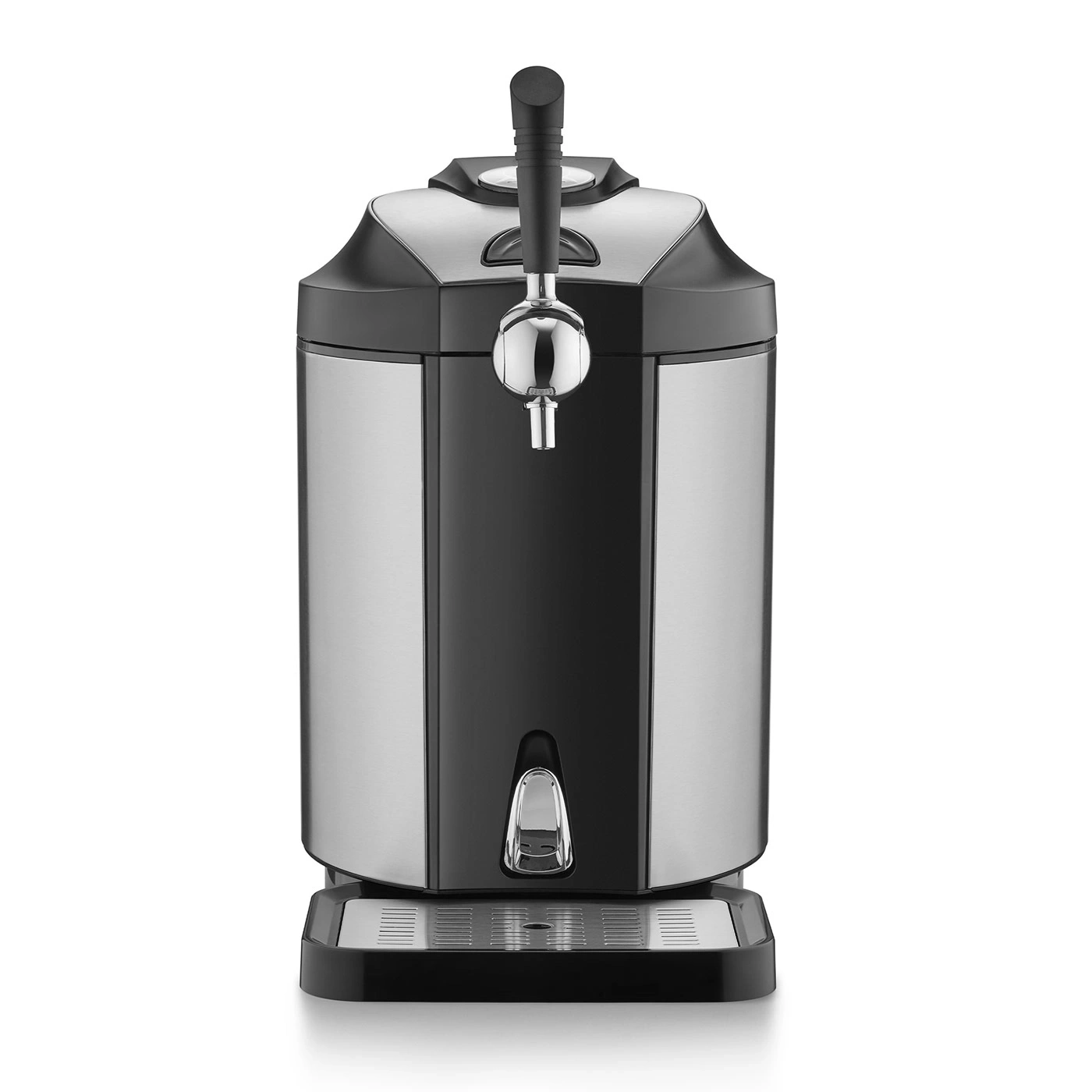Beer keg cooler with tap, stainless steel and black design, isolated