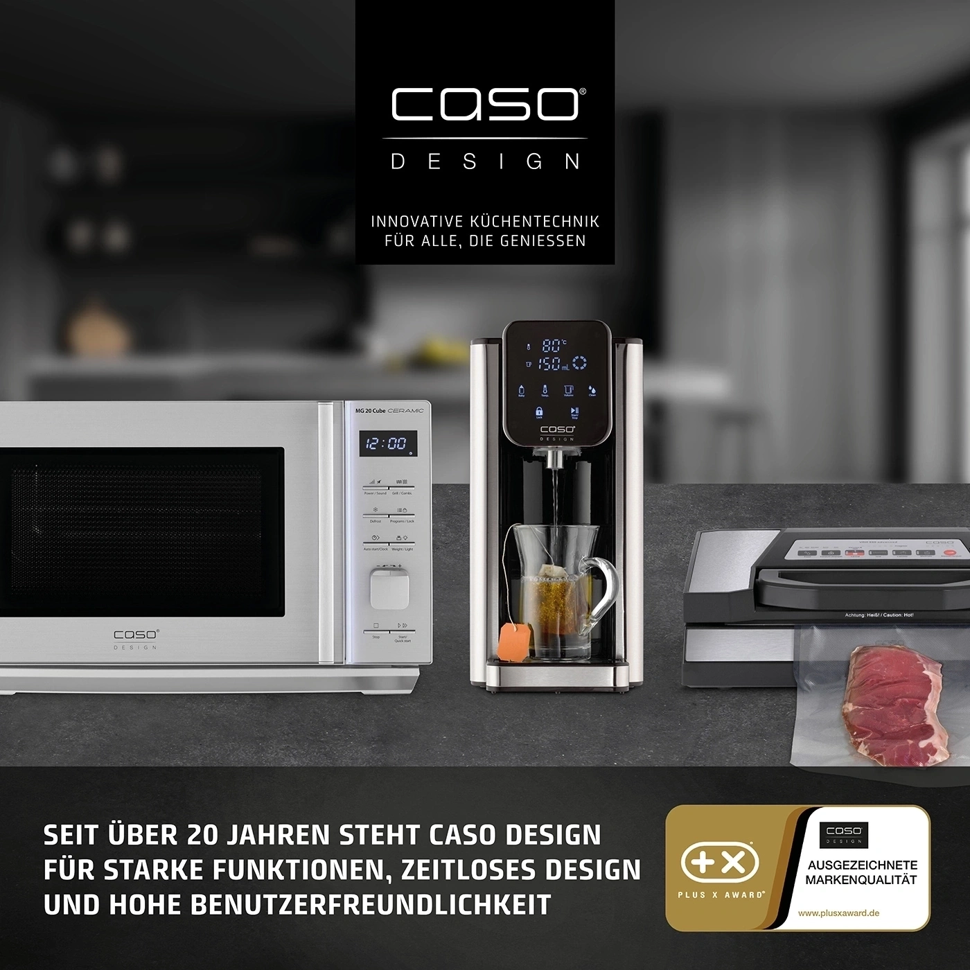 Caso Design microwave, water dispenser, and vacuum sealer on a countertop.