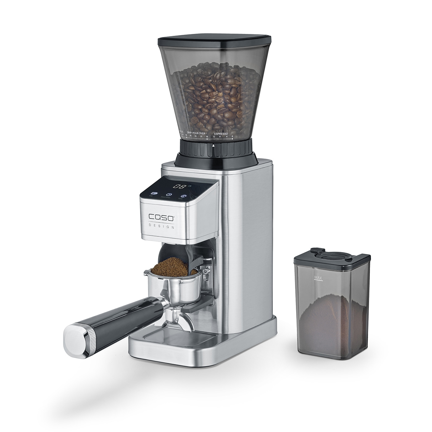 Kaffeemühle mit Bohnen, Mahlgut und Behälter, Edelstahl, COSO Design.