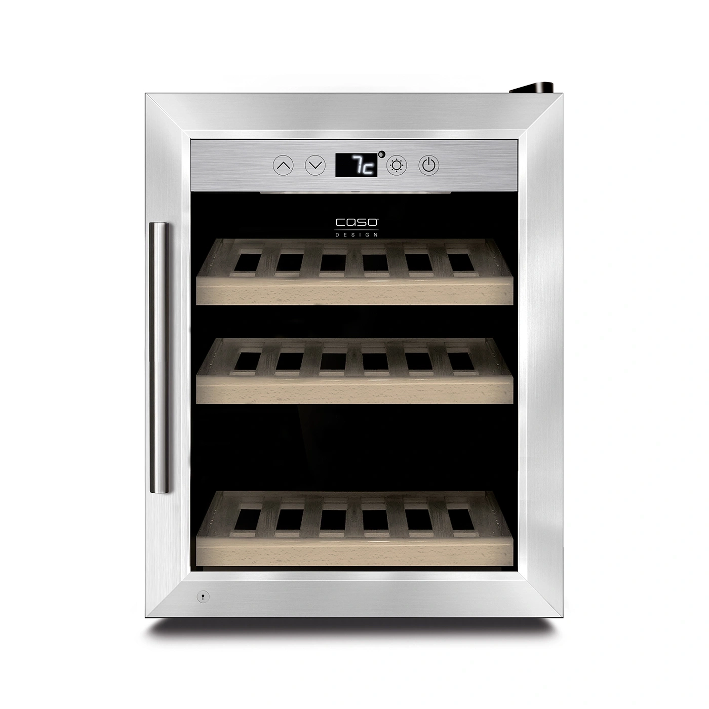 Ein moderner silberner Weinkühlschrank mit drei Holzböden und digitaler Temperaturanzeige.