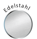 Stainless steel logo with silver circle and lettering, isolated on white background