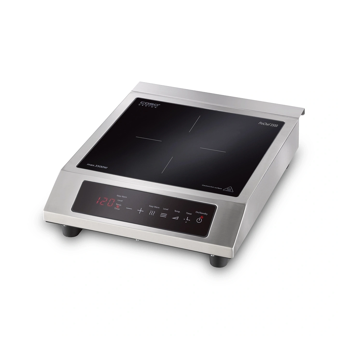 A modern induction cooktop with a digital display and stainless steel design.