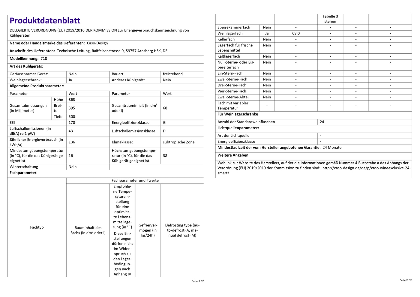 Fiche produit Caso-Design réfrigérateur compartiment de stockage du vin classe énergétique G