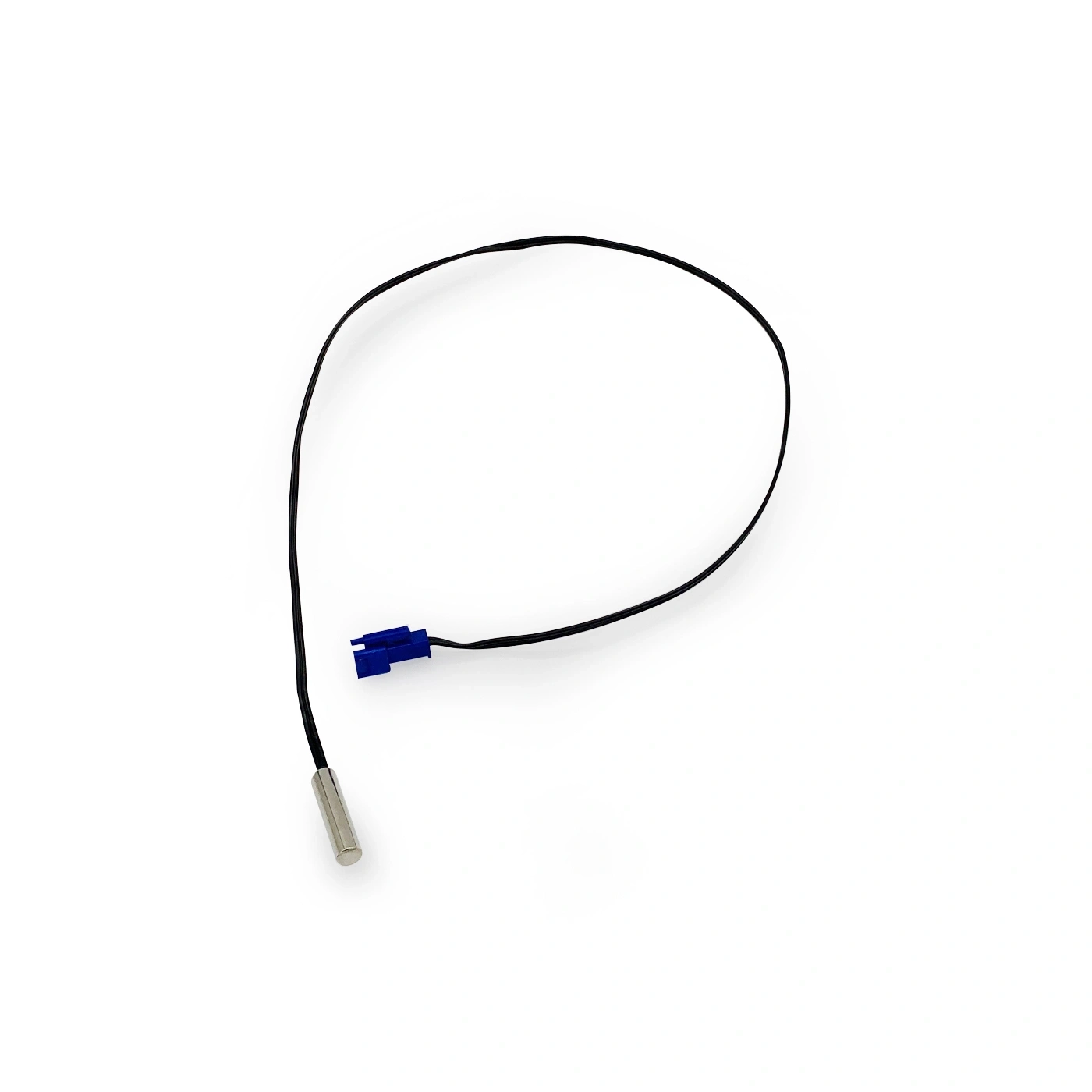 Temperatursensor mit Kabel und blauem Stecker auf weißem Hintergrund