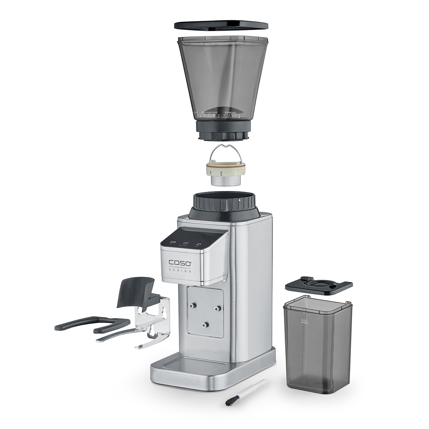 Kaffeemühle, zerlegt, mit Bohnenbehälter, Auffangbehälter, Bürste und Halterung.