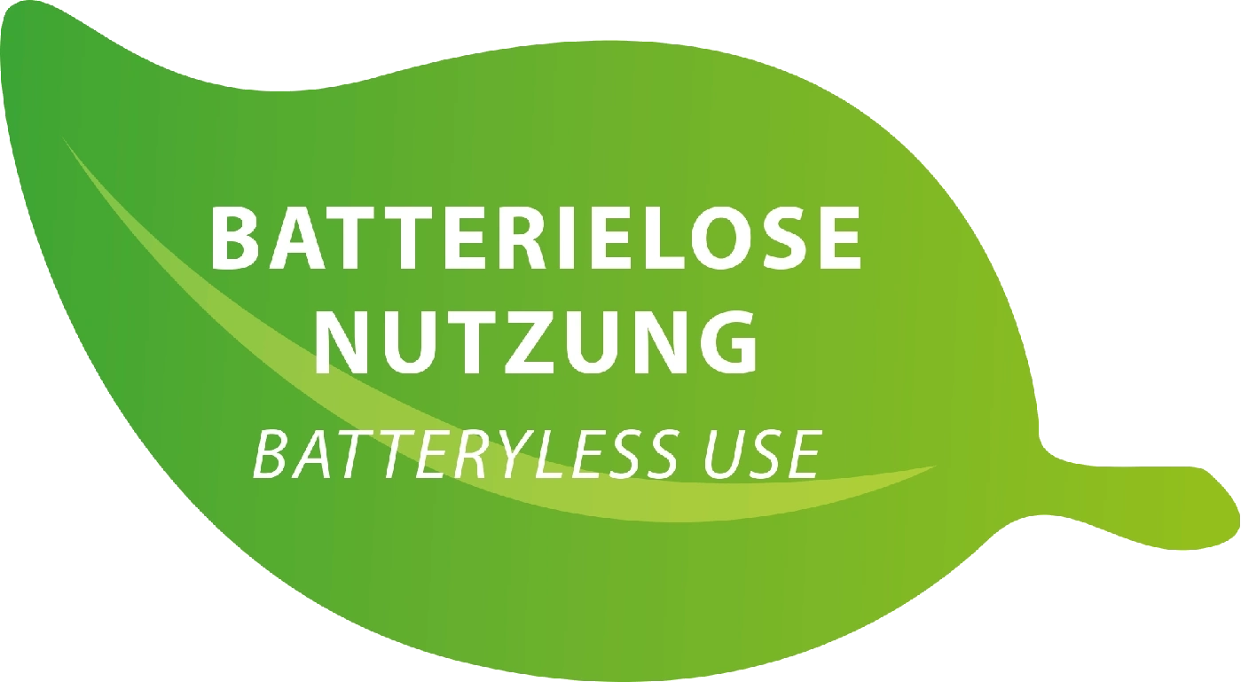 Grünes Blatt mit Text: Batterielose Nutzung, Batteryless Use, umweltfreundlich