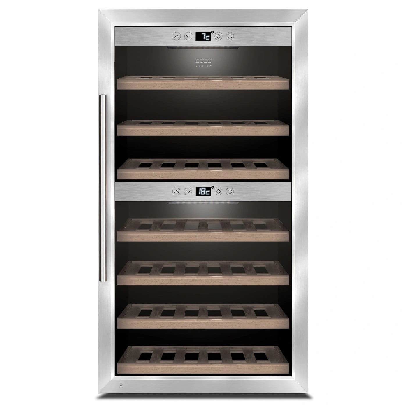 Weinkühlschrank mit Temperaturanzeige und Holzregalen, Edelstahlrahmen