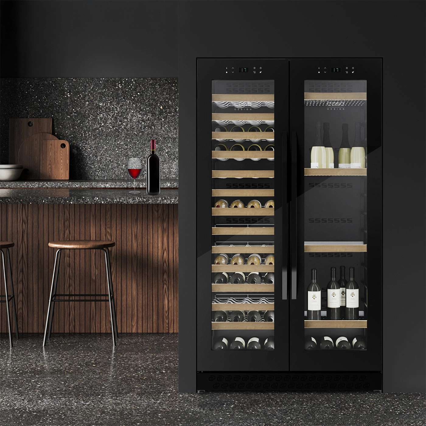 Weinkühlschrank in moderner Küche mit Wein und Gläsern