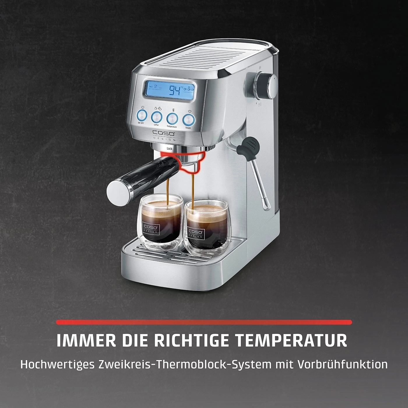 A silver espresso machine with two glasses of espresso and German text.