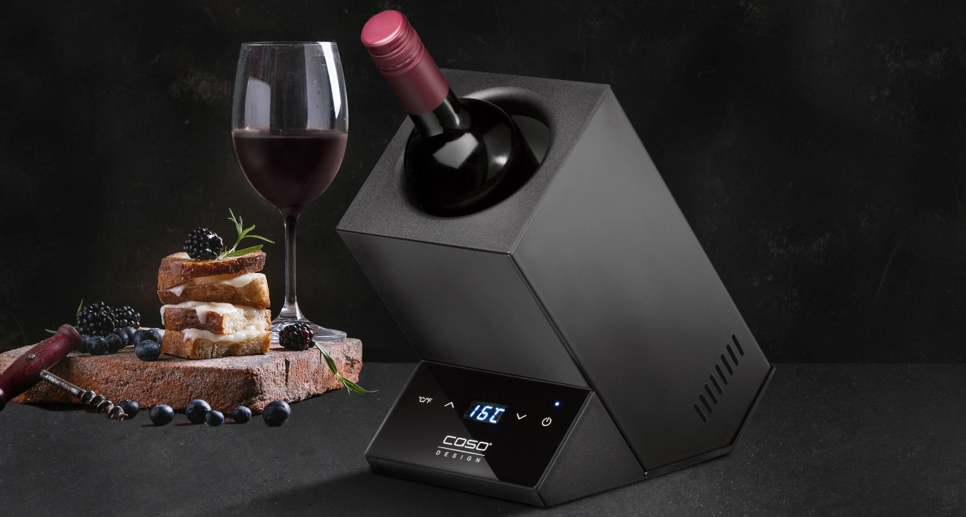 Ein Wein-Kühler mit einer Flasche Wein, einem Glas Rotwein und Snacks.