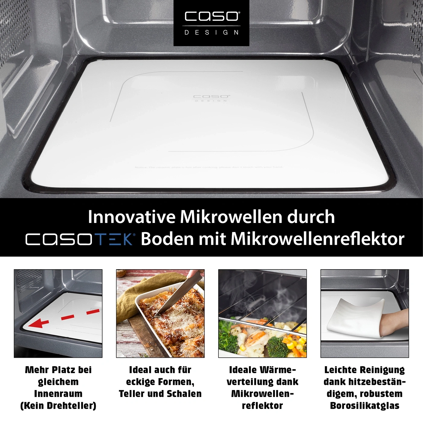 Mikrowelle mit Mikrowellenreflektor, mehr Platz, einfache Reinigung, Borosilikatglas, Caso Design.