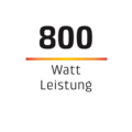 800 Watt Leistung, schwarzer Hintergrund, orange Linie, Text