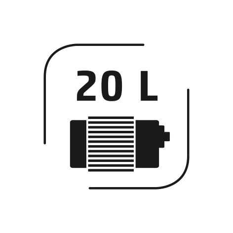 Batterie de 20 litres, symbole d'énergie et de volume.