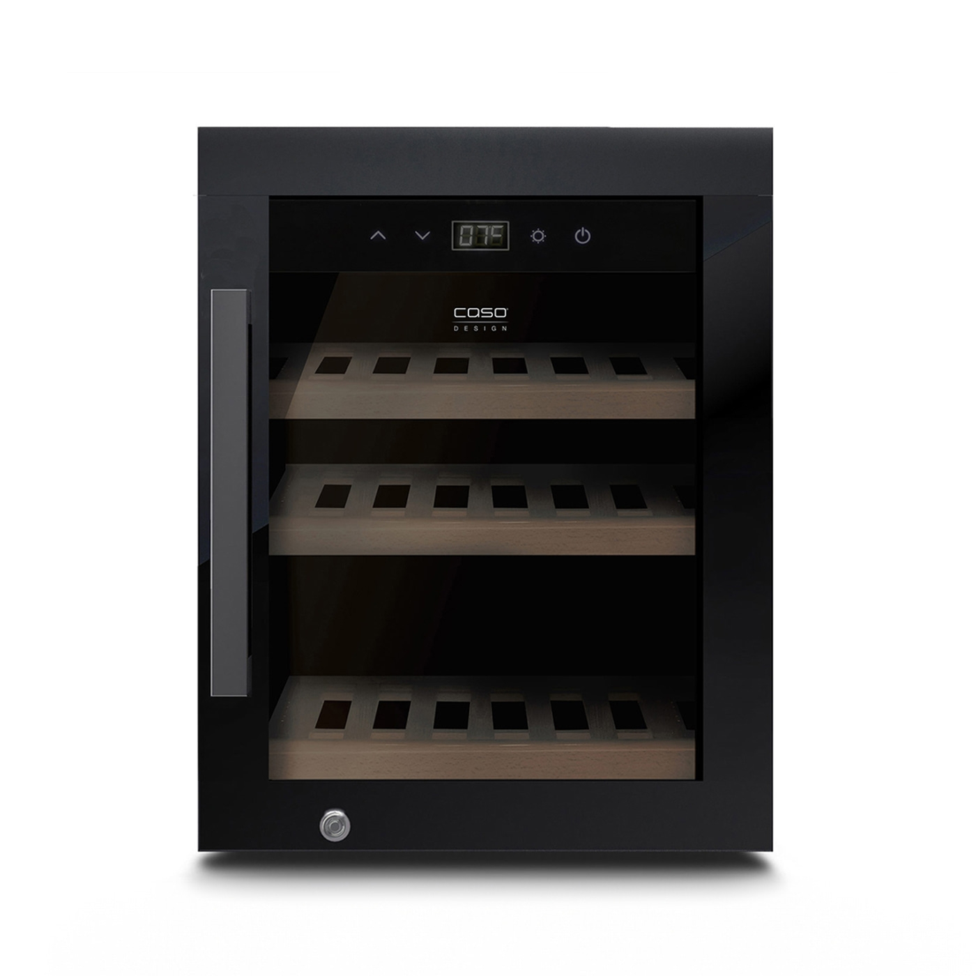 Black wine cooler with glass front and wooden shelves, Caso Design.