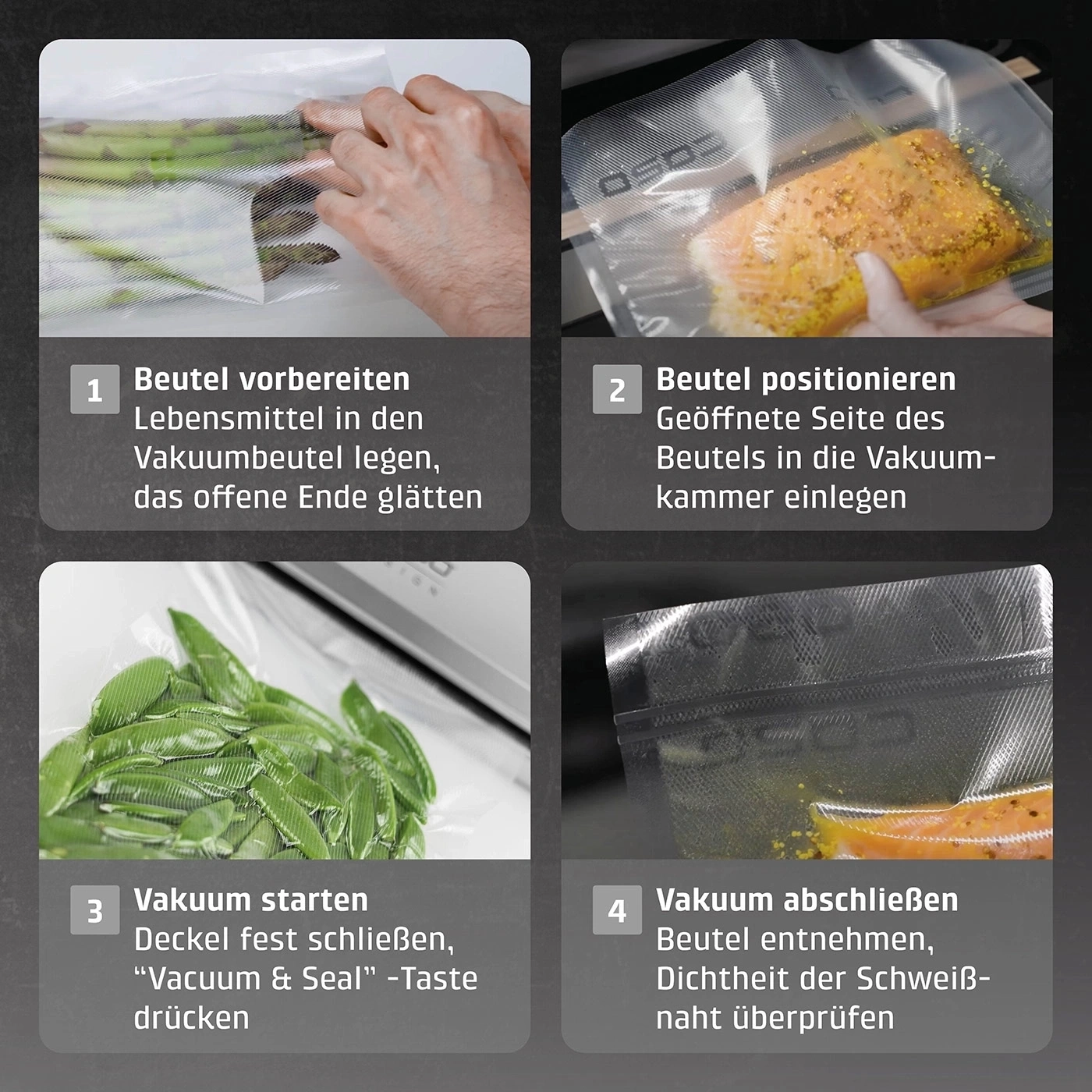 Quatre étapes pour sceller sous vide des aliments avec une machine sous vide.