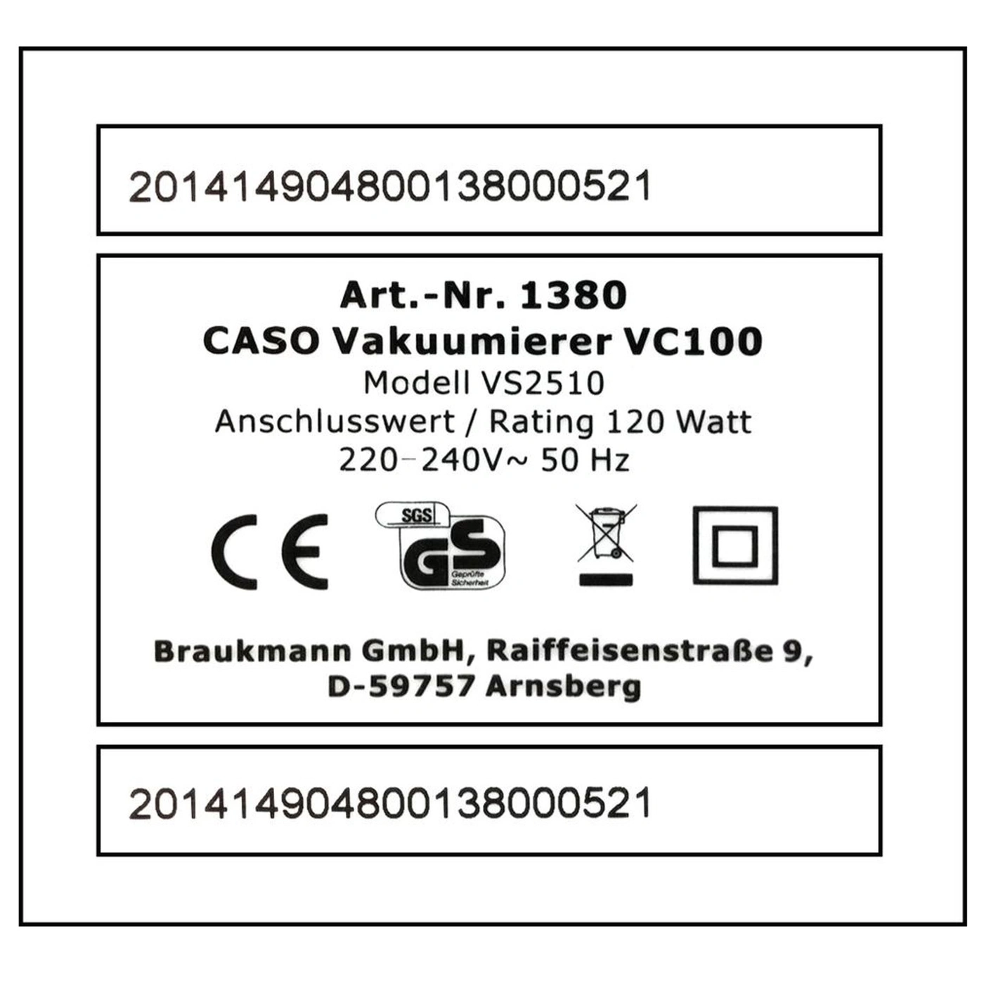 Produktinformationen: Vakuumierer, Modell, Leistung, Hersteller, Adresse, Seriennummer.