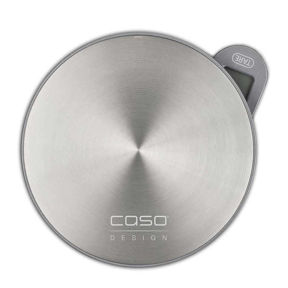 Silberne Küchenwaage mit digitaler Anzeige und TARE-Taste, CASO Design.