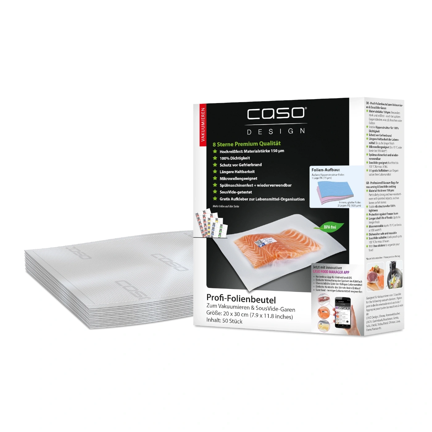 CASO Professional Vacuum Bags, Vacuuming & Sous Vide Cooking, 50 pieces, 20x30cm, BPA-free, Food Organization