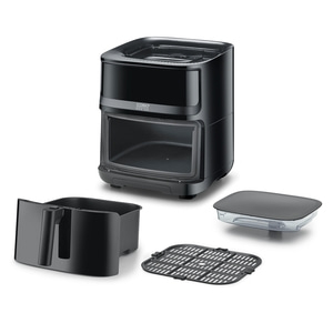 Black air fryer with accessories isolated on white background, Caso Design