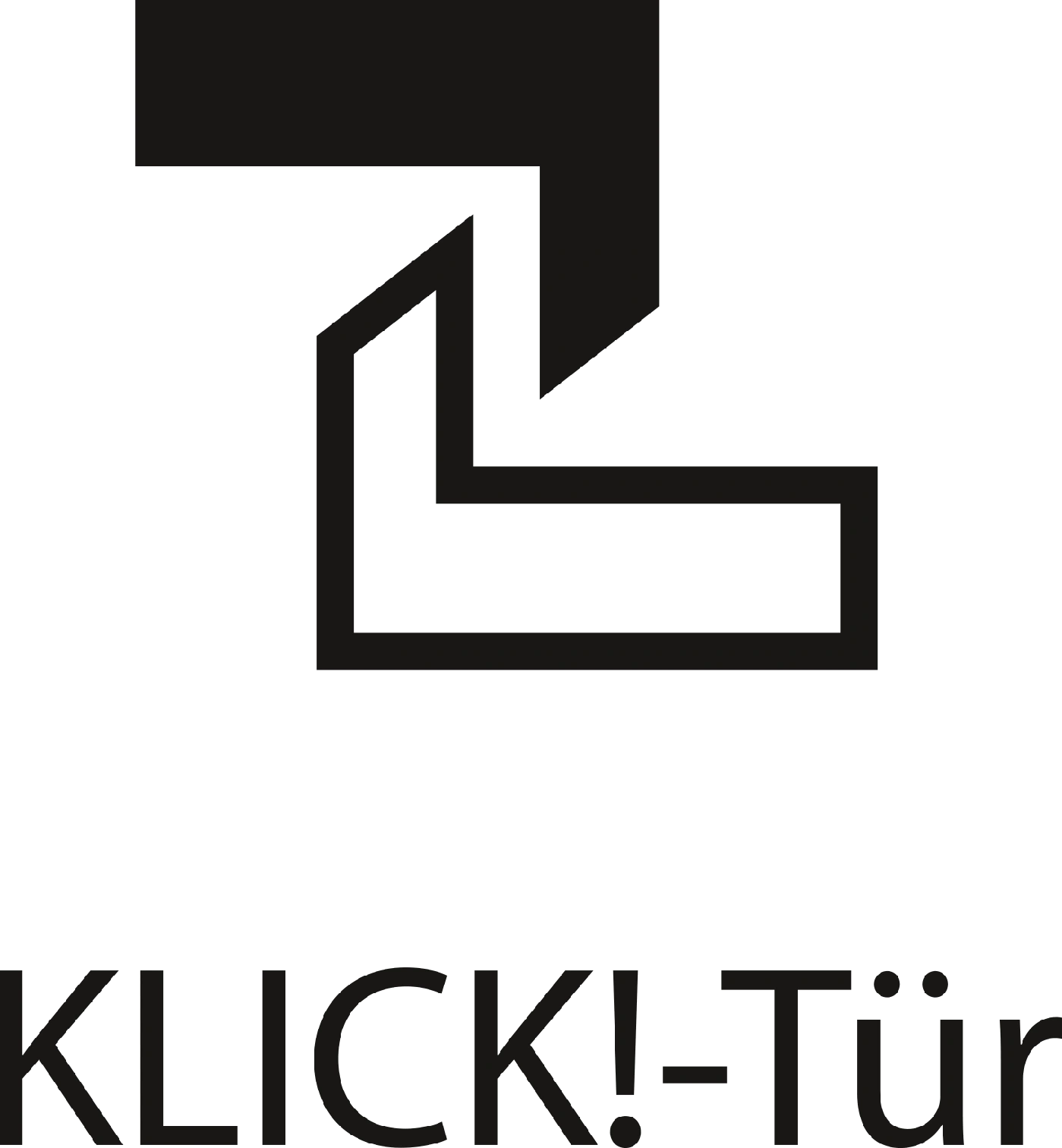 Logo avec un design géométrique noir et le texte 'KLICK!-Türen' en dessous.
