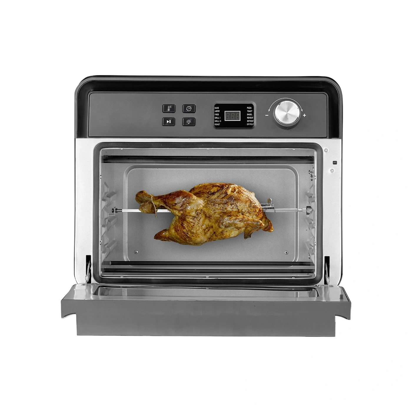 Oven with chicken, open, ready to cook, inside view, close-up, isolated on white