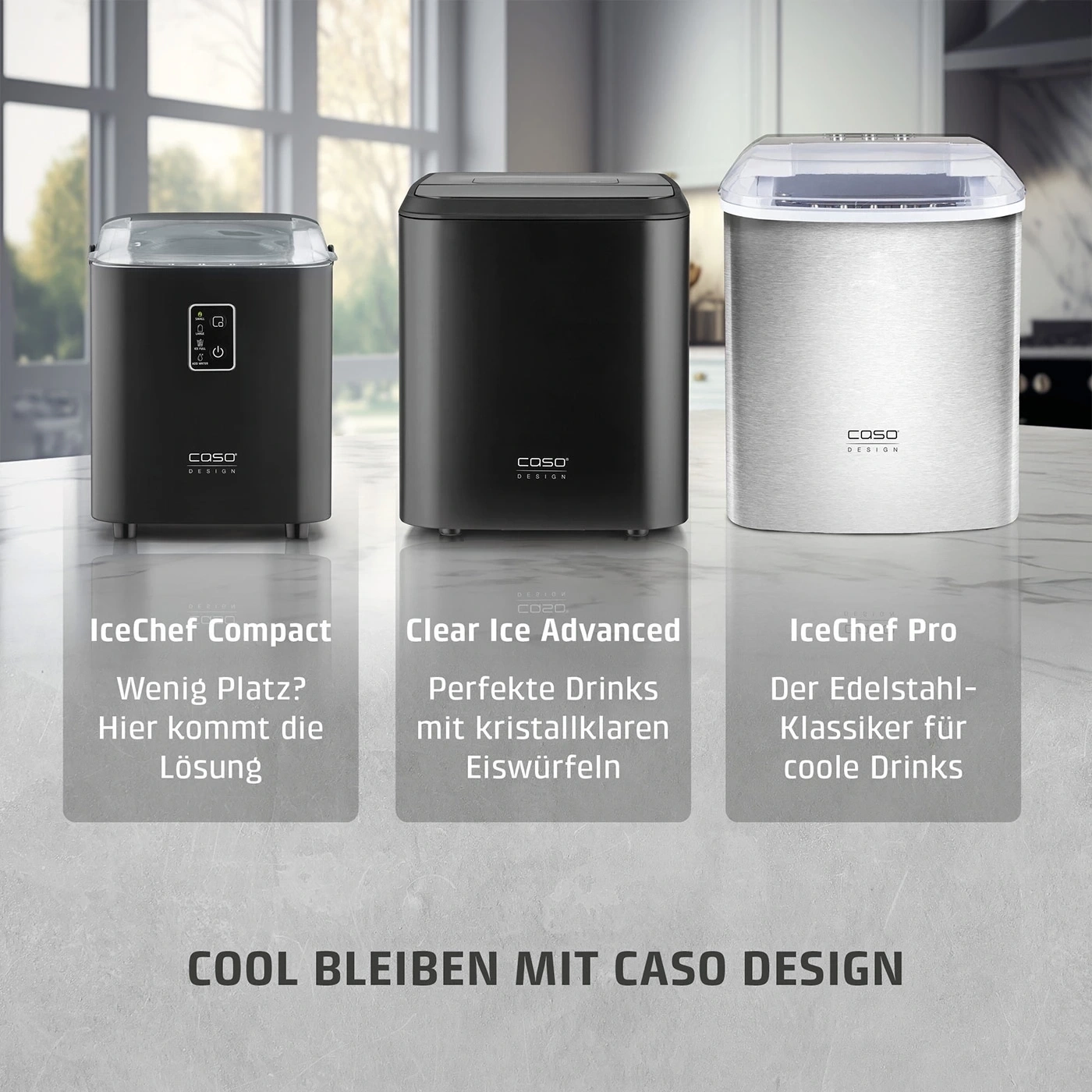 Drei Caso Eiswürfelmaschinen: IceChef Compact, Clear Ice Advanced und IceChef Pro.
