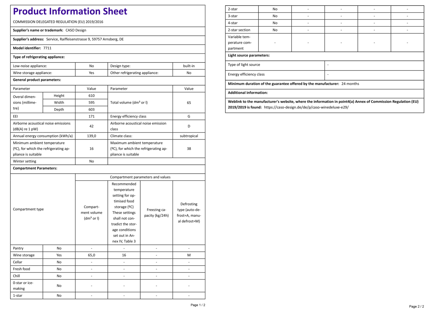 Product data sheet refrigerator: wine storage, energy efficiency, parameters, compartment, guarantee.
