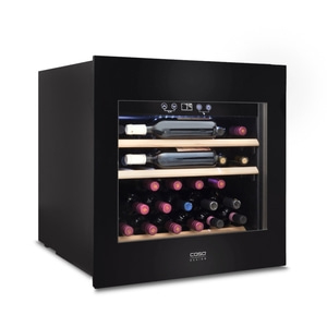 Black wine cooler with glass front and wine bottles, Caso Design