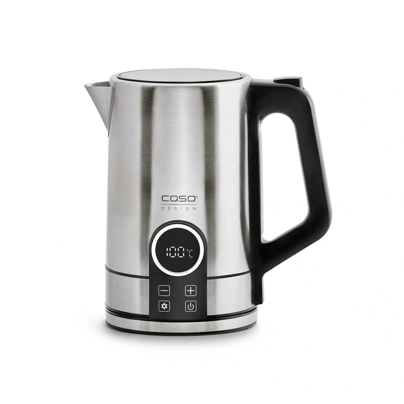 Stainless steel electric kettle with digital display and black handle, Caso Design.