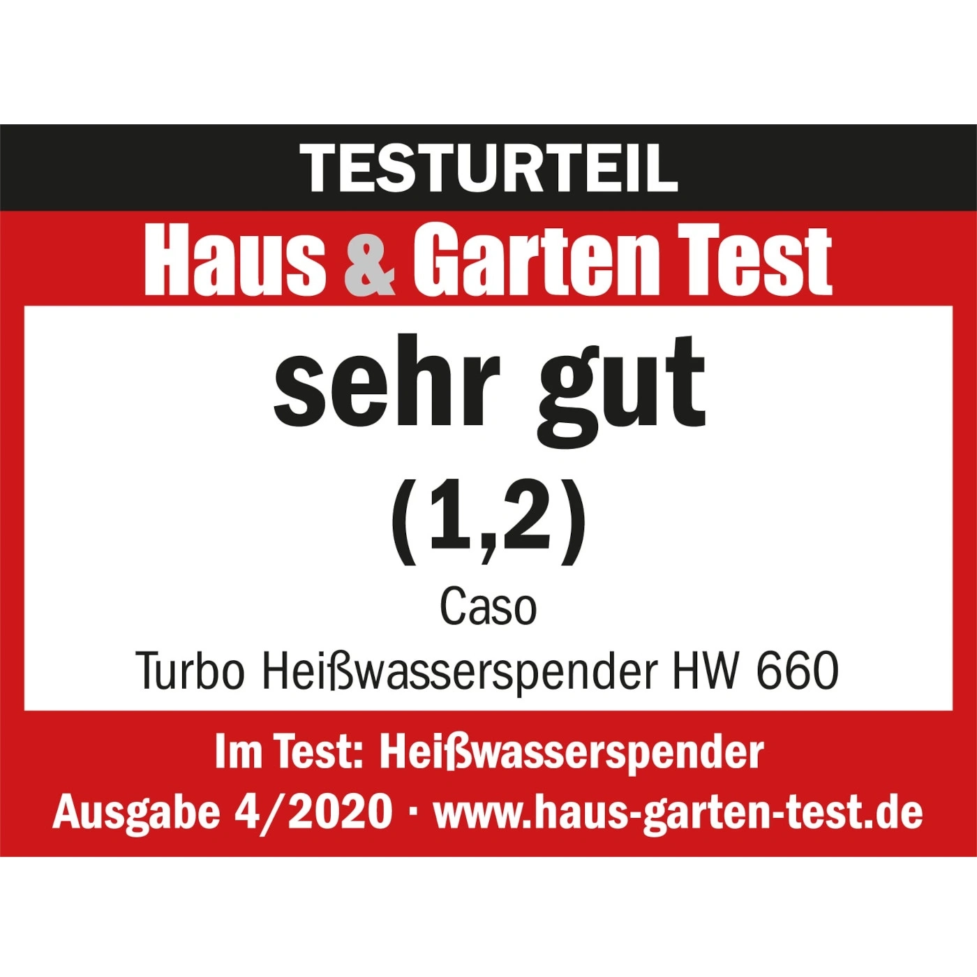 Résultat du test Haus & Garten Test très bon (1,2) Caso Turbo Distributeur d'eau chaude HW 660