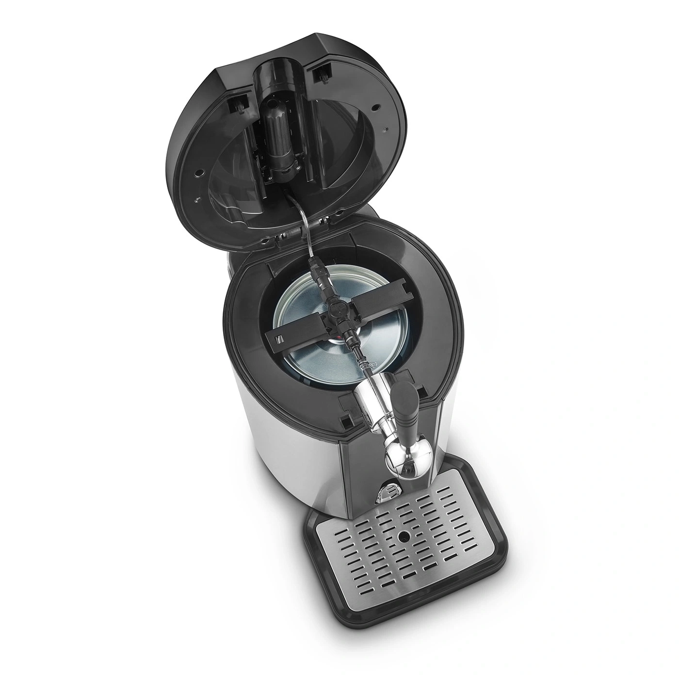 Beer cooler with open lid, tap, and drip tray, isolated on a white background.
