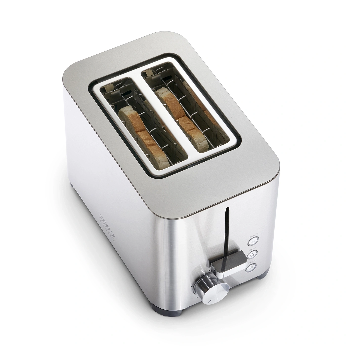 Ein silberner Toaster mit zwei Toastscheiben, Knöpfen und einem Drehregler.