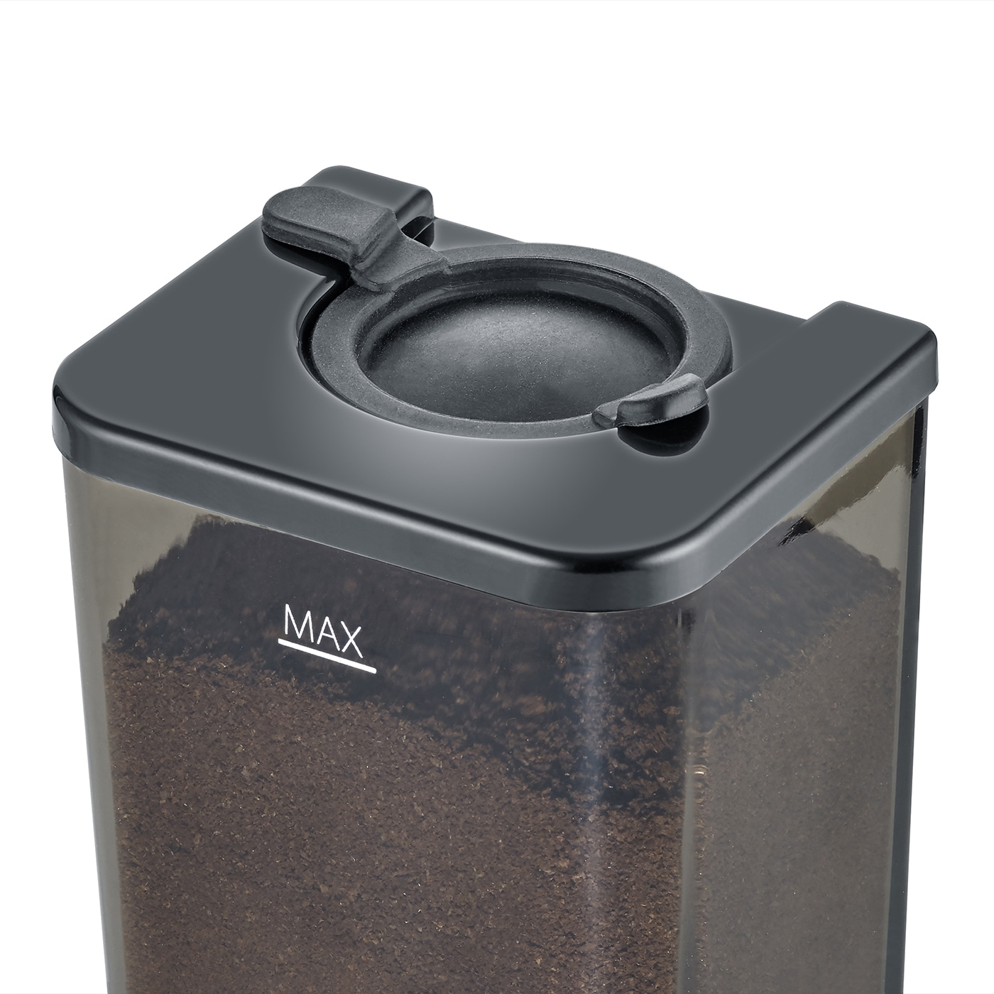 Kaffeebohnenbehälter mit Deckel und MAX-Markierung, gefüllt mit Kaffeepulver.