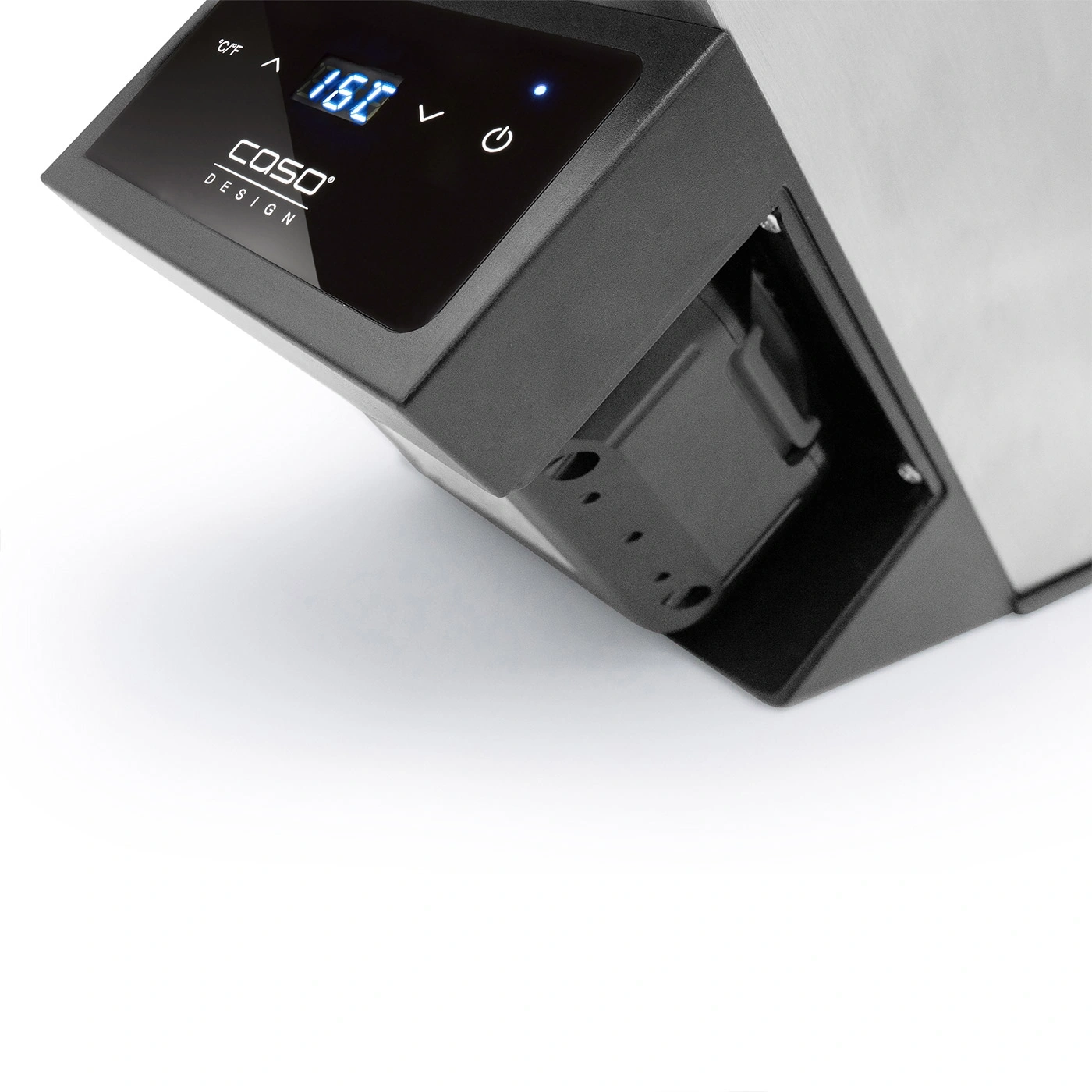 Ein digitaler Thermostat mit der Anzeige 160 Grad Celsius und dem Logo Caso Design.