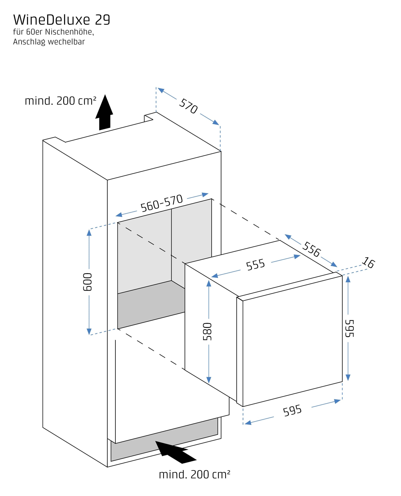 Wine Deluxe 29, dimensions pour l'installation dans une niche de 60 cm, avec butée de porte réversible.