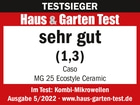 Testauszeichnung für Caso MG 25 Ecostyle Ceramic, sehr gut (1,3) im Haus & Garten Test.