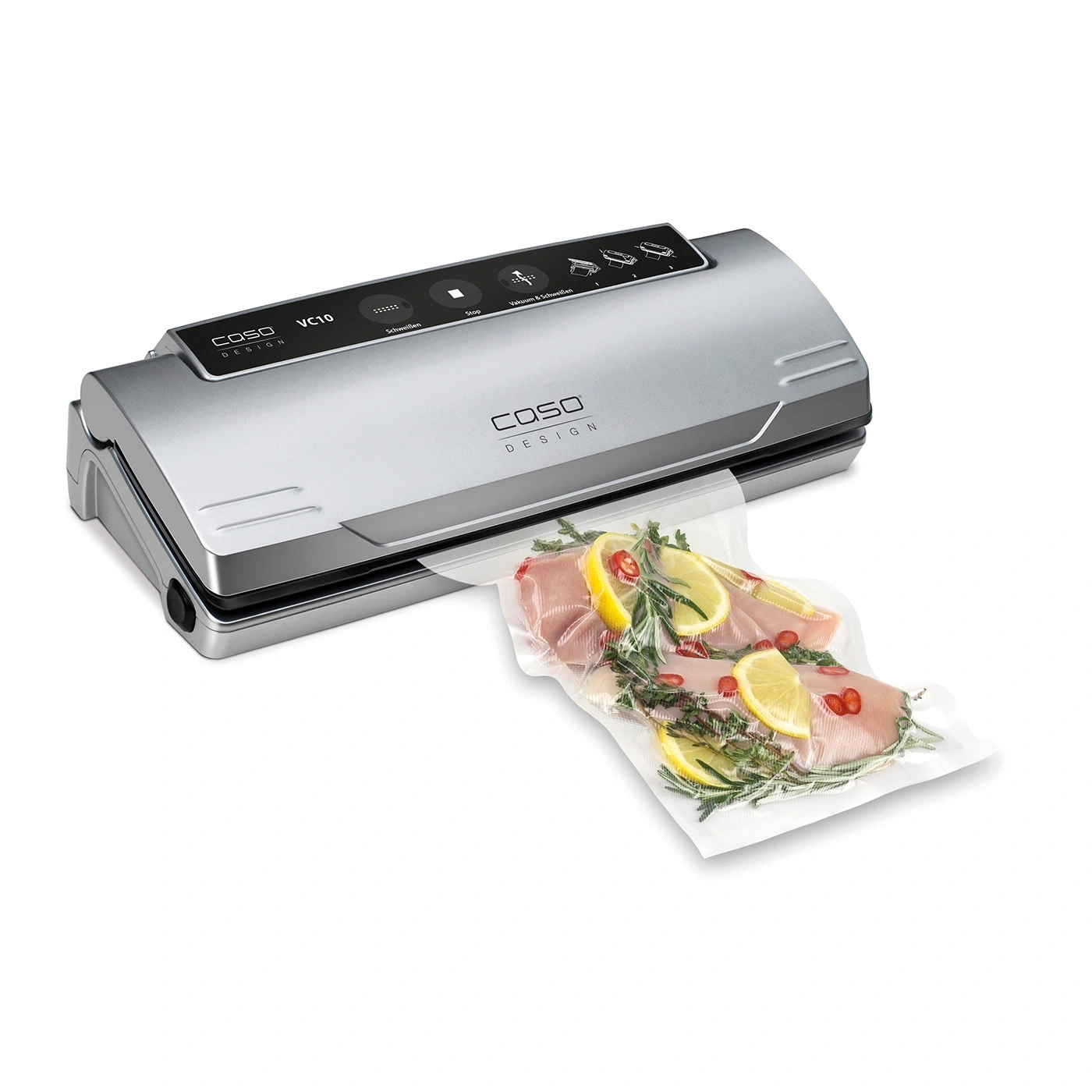 Vacuum sealer with meat, lemon and herbs in a bag, isolated on white